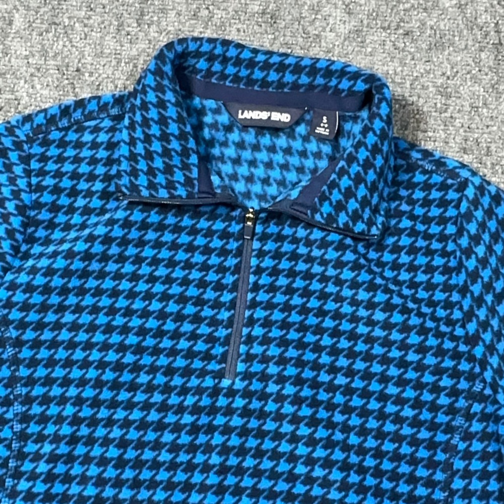 Lands End Womens S 6-8 Blue Houndstooth Fleece Quarter Zip Pullover 502952